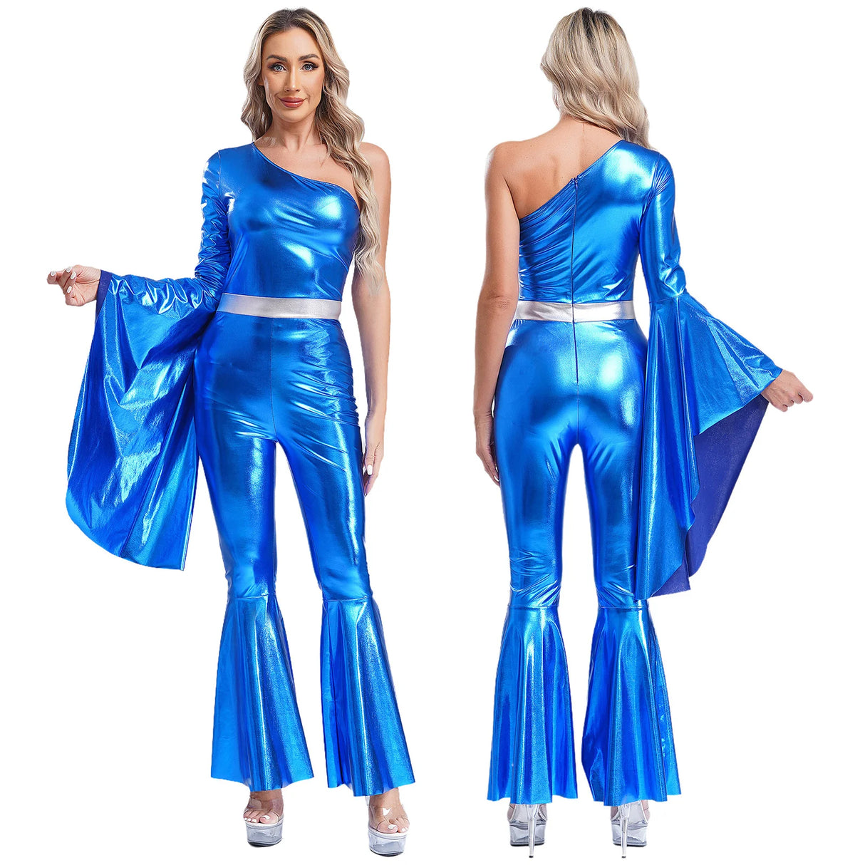 Womens 60 70s Disco Costume Hippie Outfits Halloween Carnival Party Hip-hop Dance Costumes Shiny Metallic Bodysuit Jumpsuit