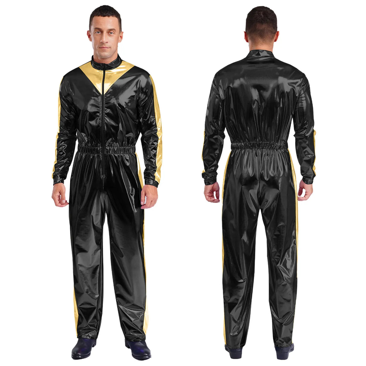 Men Astronaut Space Cosplay Costume Shiny Bodysuit Long Sleeve Elastic Waistband Jumpsuit Fashion for Party Club Halloween Role
