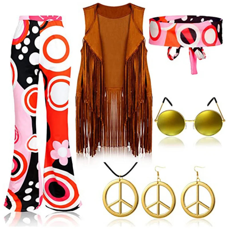 Halloween Hippie Costume Women's Set for Carnival 70s Clothing Accessories Six-Piece Set Tassel Vest+Pants+Headband Set