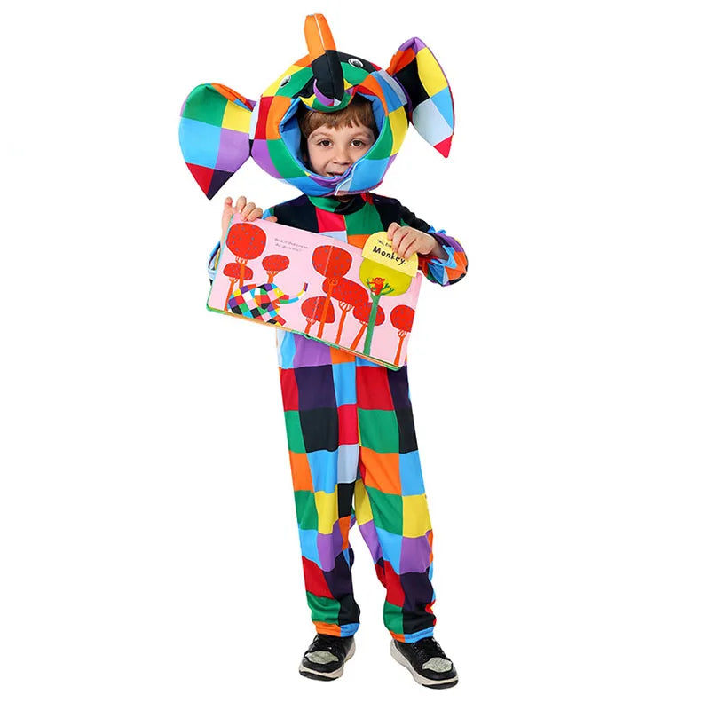 Colorful Girls Boys Elmer Elephant Costume Kids World Book Day Fancy Dress Up Halloween Patchwork Elephant Costume for Child