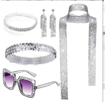 Disfraz 70s Women Disco Dress Hippie Costumes Necklace Earrings Glasses, 60's 70's Birthday Outfits, 1970s Prom Bling Dress