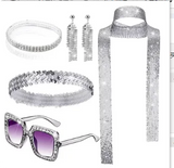 Disfraz 70s Women Disco Dress Hippie Costumes Necklace Earrings Glasses, 60's 70's Birthday Outfits, 1970s Prom Bling Dress