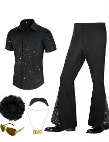 60s 70s Hippie Halloween Costume Sequins Pants Shirt Tops Bell Bottom Men's Flared Trouser Adult Disco Singer Dance Shiny Outfit