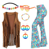 60s 70s Hippie Disco Cosplay Costume Women Hip Tassels Hippie Vest Cardigan Flared Pants Set Halloween Carnival Party
