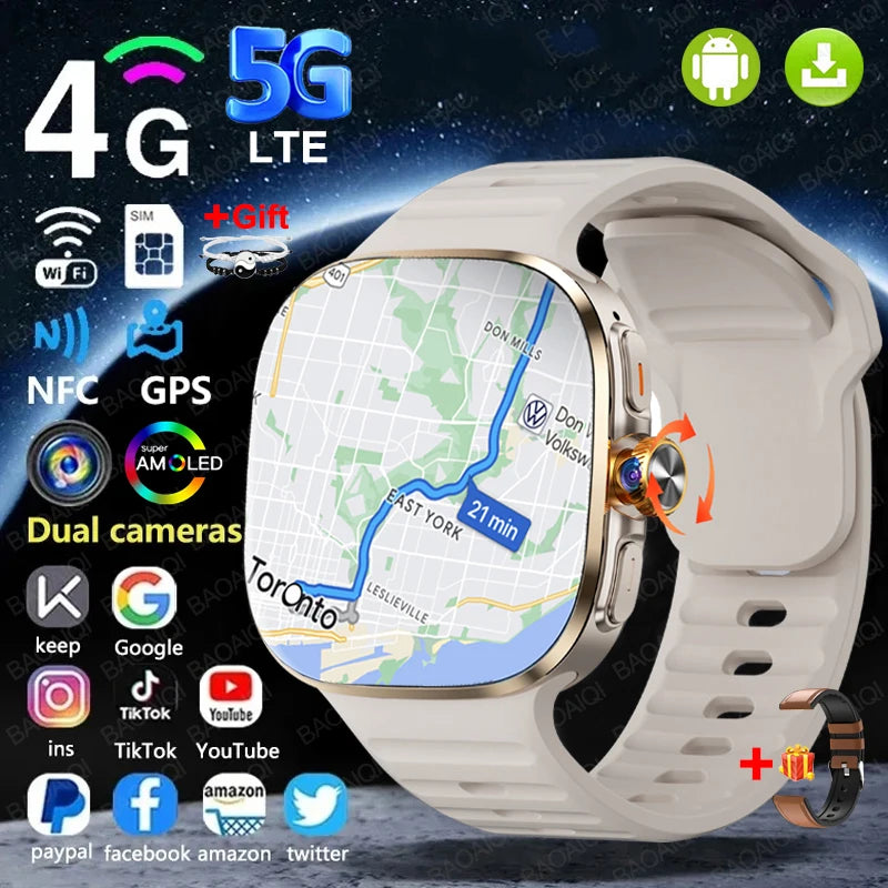 New Large Screen Smartwatch 4G/5G Android 10.0 AMOLED 2.4 inch 900W Pull-out Swivel Camera WIFI GPS Smart watch 16GB+256GB RAM