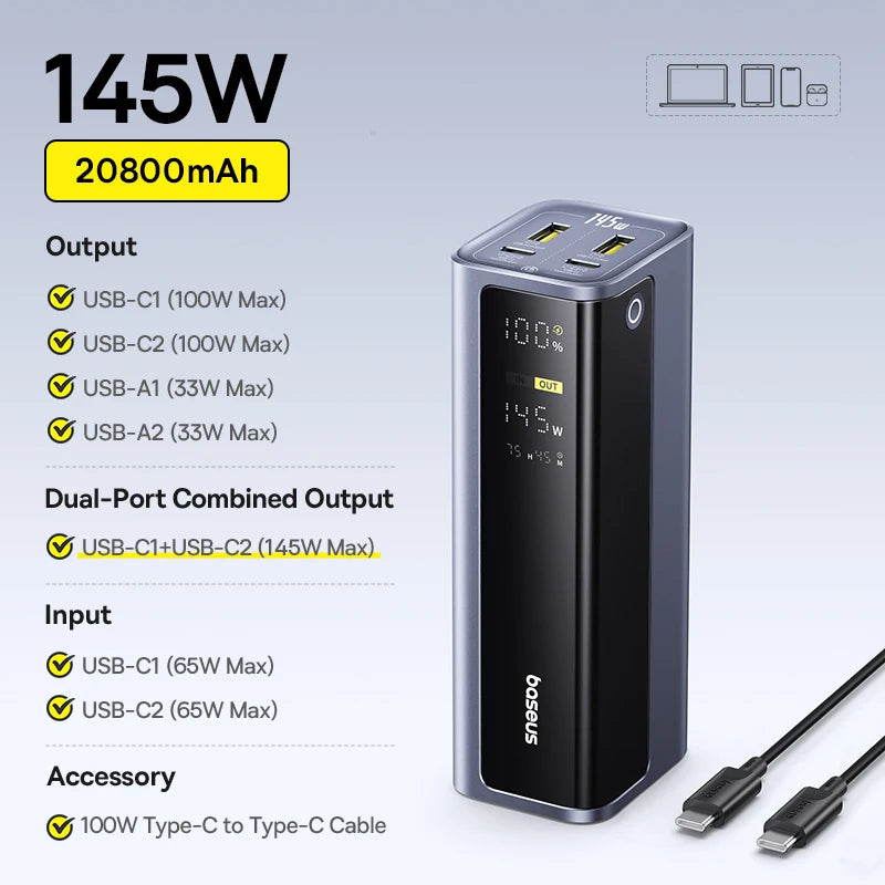 Baseus 20800mAh portable power bank 145W fast charging