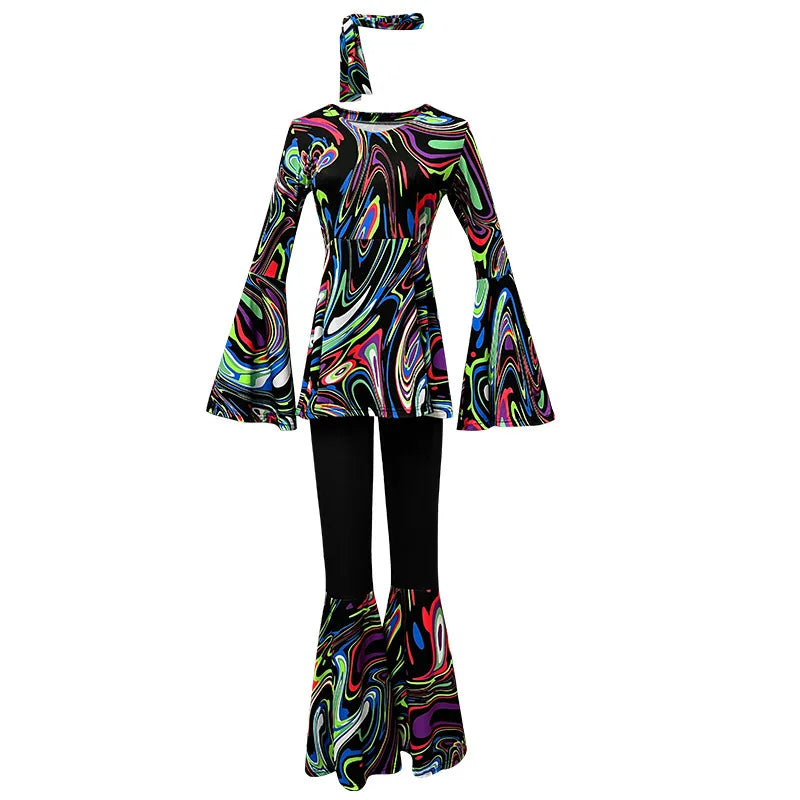 Women 60s 70s Outfits Hippie Costume Set Disco Outfit Dress Boho Flared Pants Hippie Shirt Headband