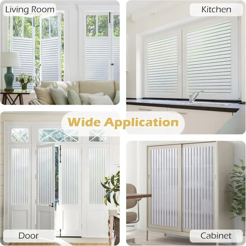 Frosted Privacy Window Film Static Cling Anti-UV Day & Night Reeded Striped Pattern No-Glue Removable for Home Office Bathroom