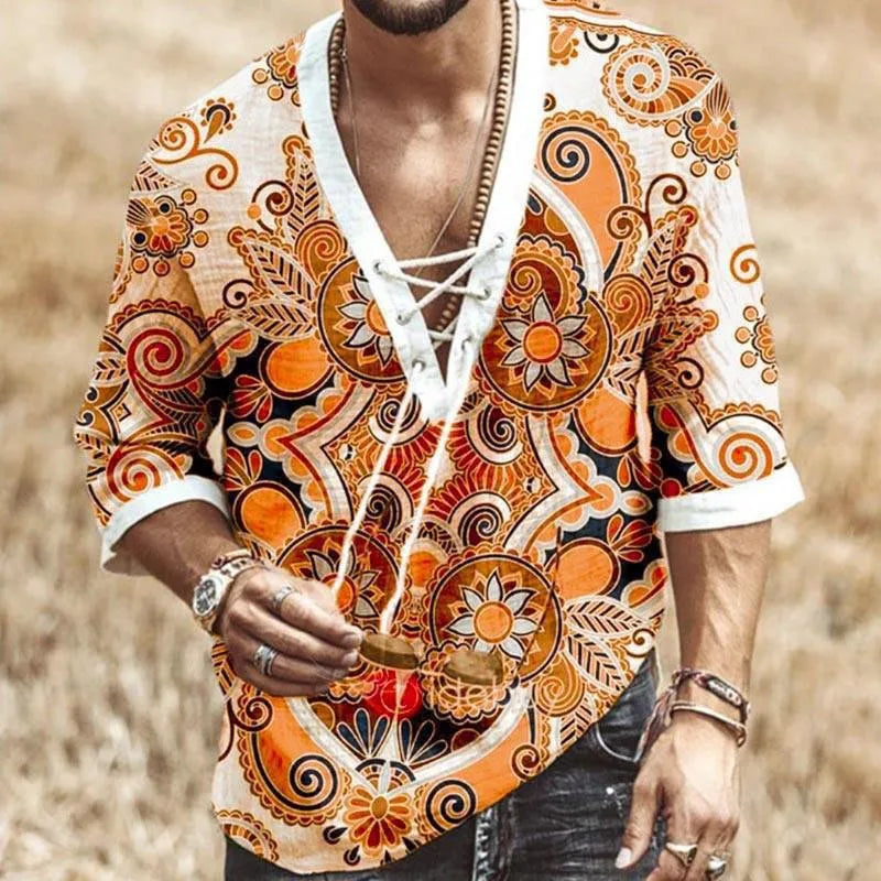 Retro 60s 70s Hippie Costume for Men Drawstring Printing T-shirt Cosplay Outfit Halloween Party Disco Funny Clothes Role Play