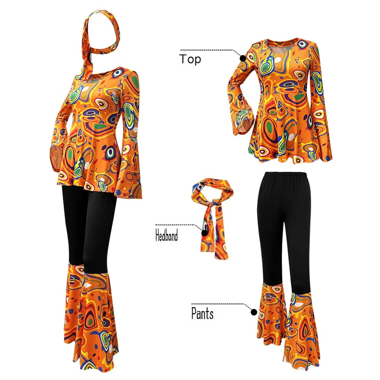 Women 60s 70s Outfits Hippie Costume Set Disco Outfit Dress Boho Flared Pants Hippie Shirt Headband