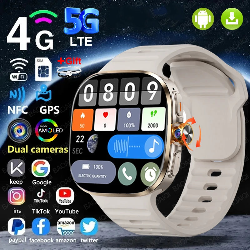 New Large Screen Smartwatch 4G/5G Android 10.0 AMOLED 2.4 inch 900W Pull-out Swivel Camera WIFI GPS Smart watch 16GB+256GB RAM
