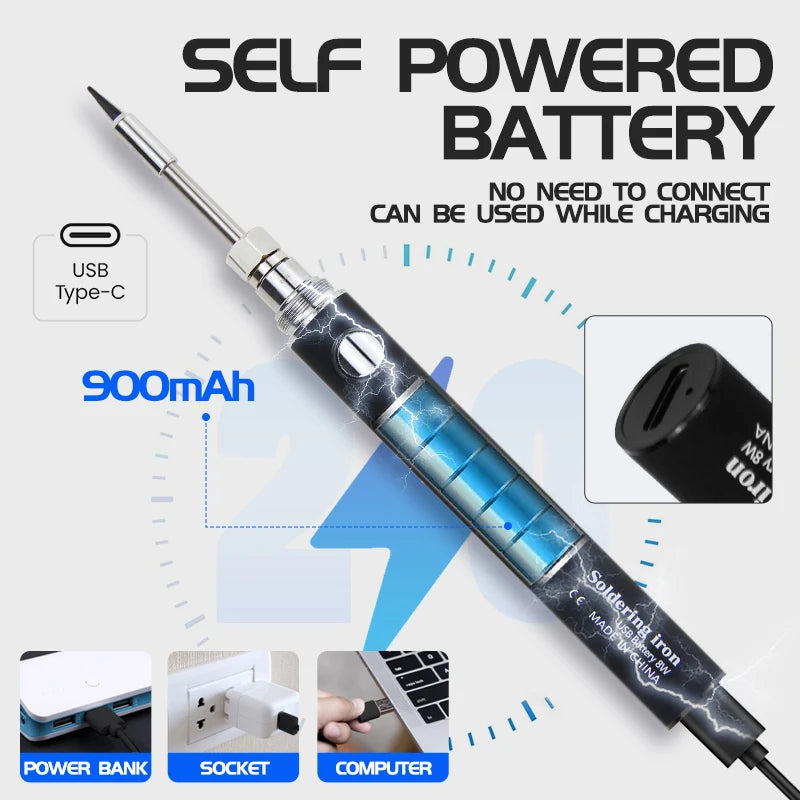 Cordless Soldering Iron Tool Pen Portable USB 5V 8W Electric Powered 3 Tip Kit Rechargeable and Temperature Adjustment Cordless