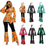 Women 60s 70s Outfits Hippie Costume Set Disco Outfit Dress Boho Flared Pants Hippie Shirt Headband