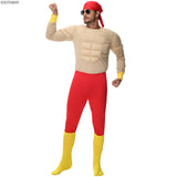 Wrestler Hulk Hogan Costume Adult Macho Super Muscle Funny Suit Halloween Holiday Party Stage Muscle Man Role Play Costume New