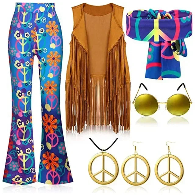 70s 80s Women Hippie Costume Set Bell Bottom Flared Pant for christmas party Halloween Cosplay