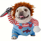 1-4PCS Halloween Chucky Pet Costume Deadly Doll Outfit for Dogs Cats Cosplay Funny Scary Apparel with Wig Knife Accessories