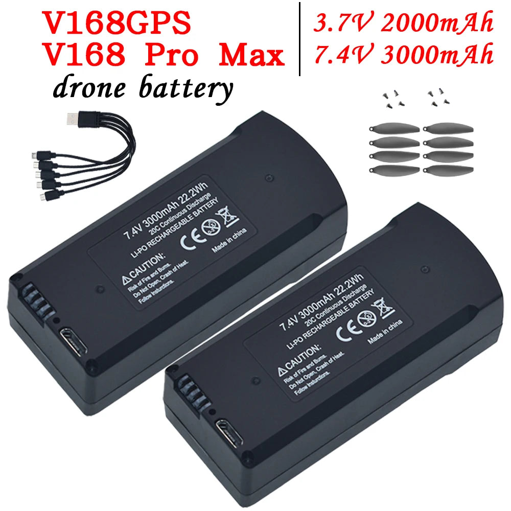 2Pcs V168 Pro Max original 7.4V 3000mAh Lipo Battery suitable for V168 V198 GPS 8K 3.7V 2000mAh drone charging backup battery