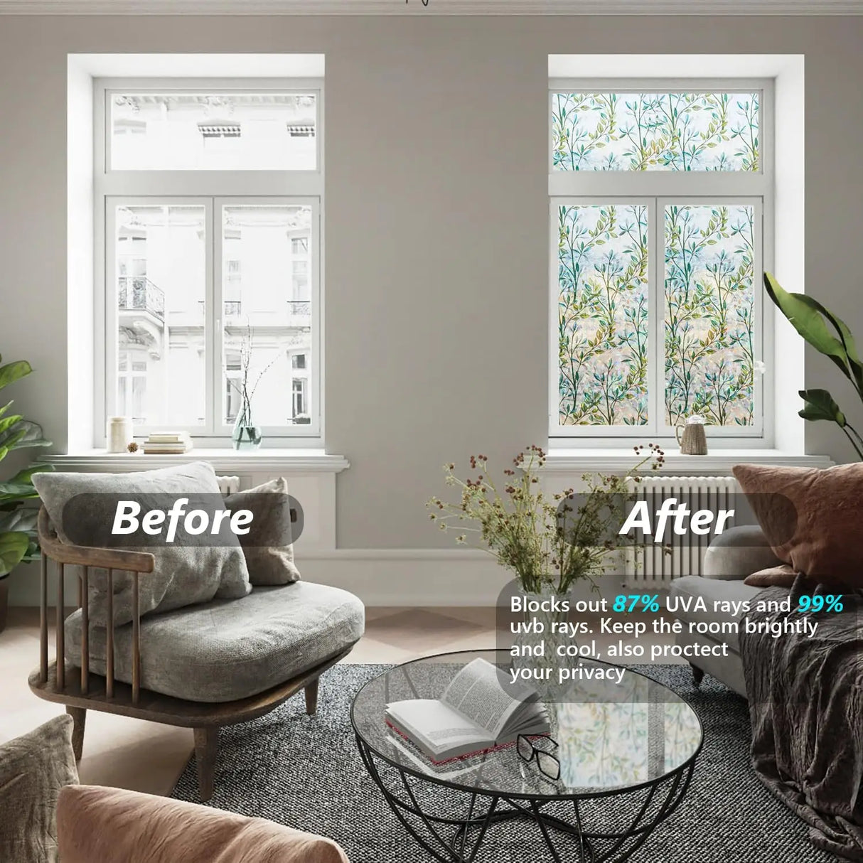 Window Privacy Film Window Film 3D No Glue Glass Sticker for Glass Door Home and Office Heat Control Anti UV