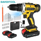 DAVEDTOOL 21V Cordless Drill Driver Kit Electric Screwdriver 2 Speed Gear, 2 x Batteries, 24 Piece Accessories for Home and DIY