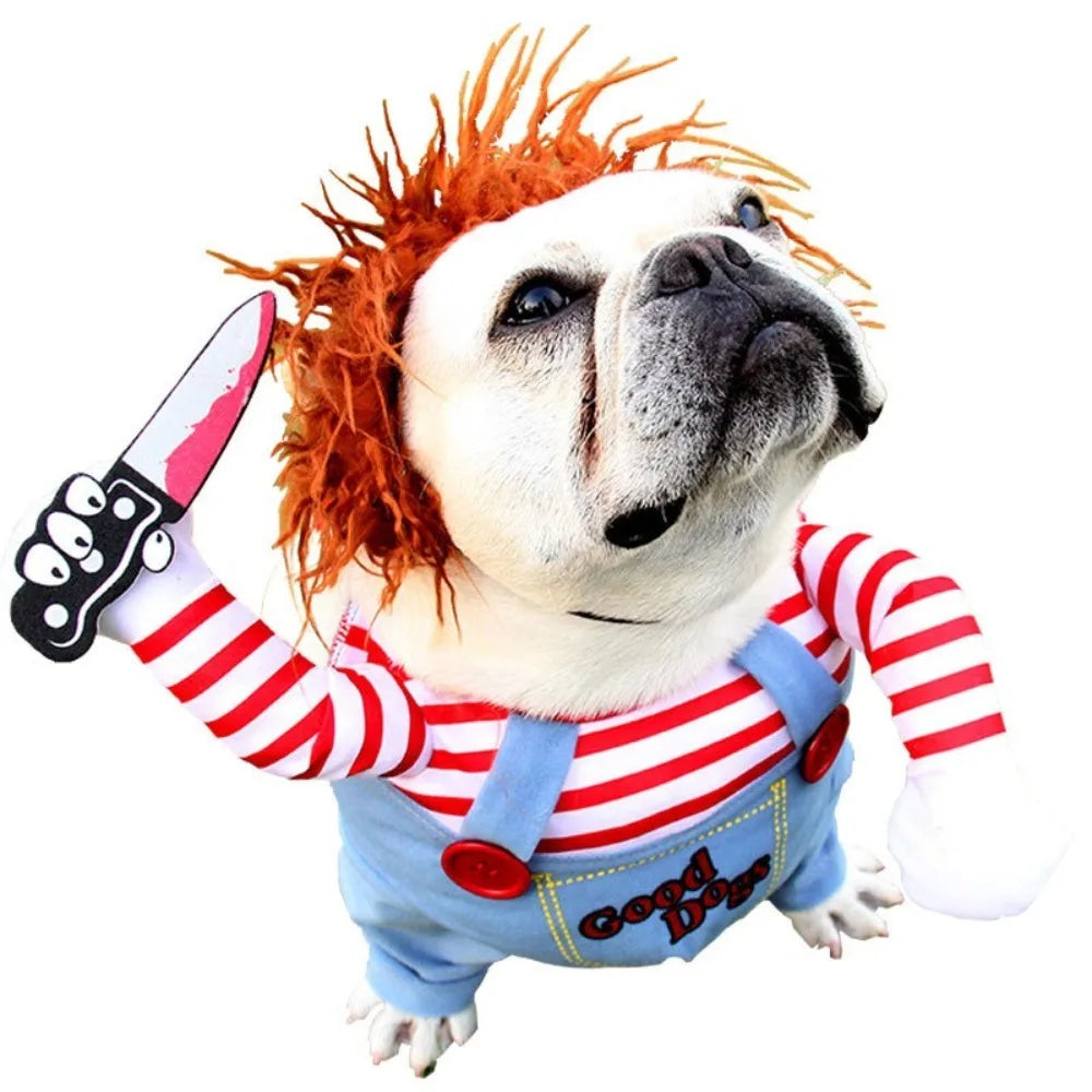 1-4PCS Halloween Chucky Pet Costume Deadly Doll Outfit for Dogs Cats Cosplay Funny Scary Apparel with Wig Knife Accessories