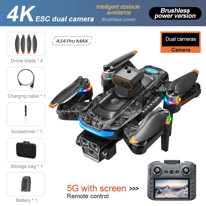 Lenovo A14 Pro Max Drone 8K HD Three Camera GPS Brushless Optical Flow Obstacle Avoidance 4.5-inch large screen UAV RC 20000M