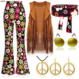 Halloween Hippie Costume Women's Set for Carnival 70s Clothing Accessories Six-Piece Set Tassel Vest+Pants+Headband Set