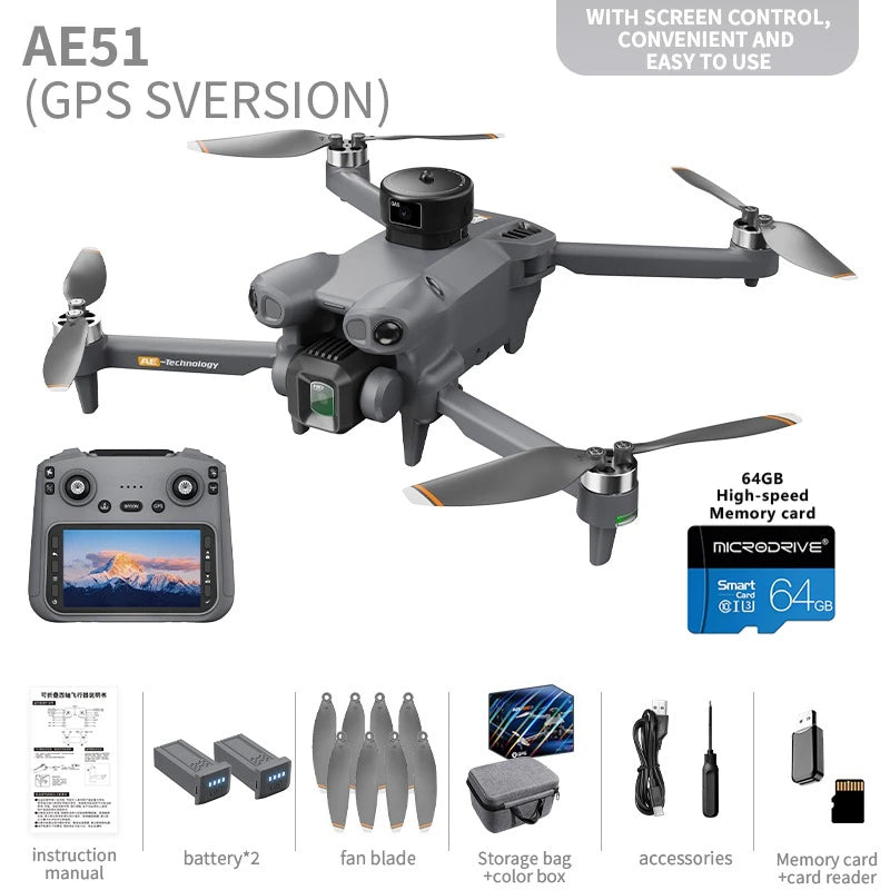 AE51 Foldable GPS Drone 4.5 Inch Large Screen Controller 4K HD Camera Optical Flow Stable Hover WiFi FPV RC Quadcopter for Gift