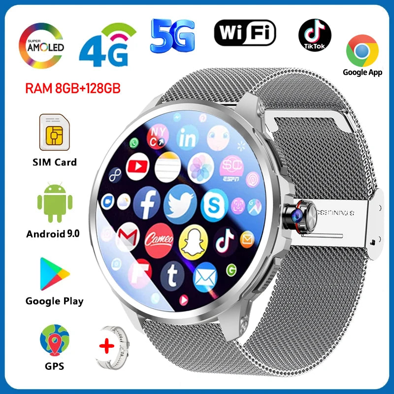 5G/4G Full Network Smart Watch Men 1.95 inch AMOLED Screen 8GB+128GB RAM 900W Camera GPS WIFI Google APPS Android 9.0 Smartwatch