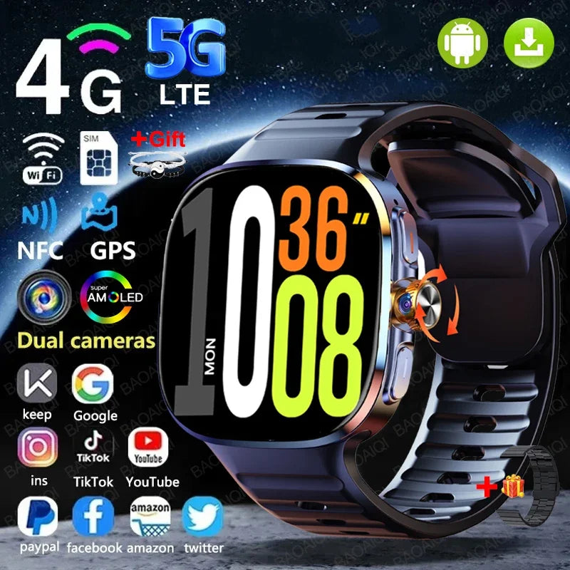 New Large Screen Smartwatch 4G/5G Android 10.0 AMOLED 2.4 inch 900W Pull-out Swivel Camera WIFI GPS Smart watch 16GB+256GB RAM