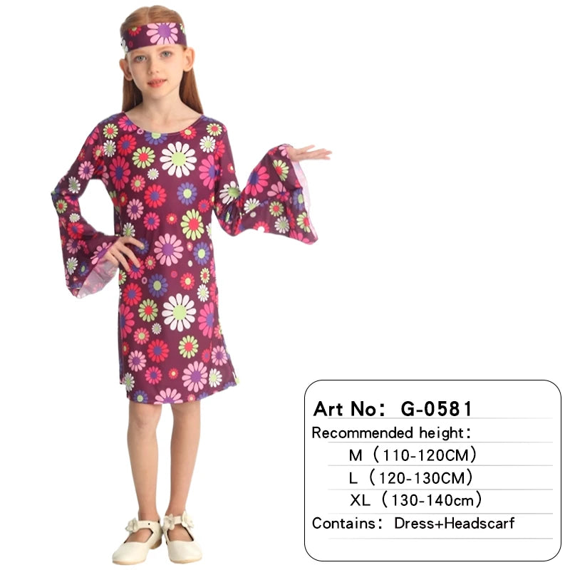 Bohemian Hippie Outfit for Kids 60s 70s Disco Floral Print Dressing Costume Halloween Costume for Role Play and Parties