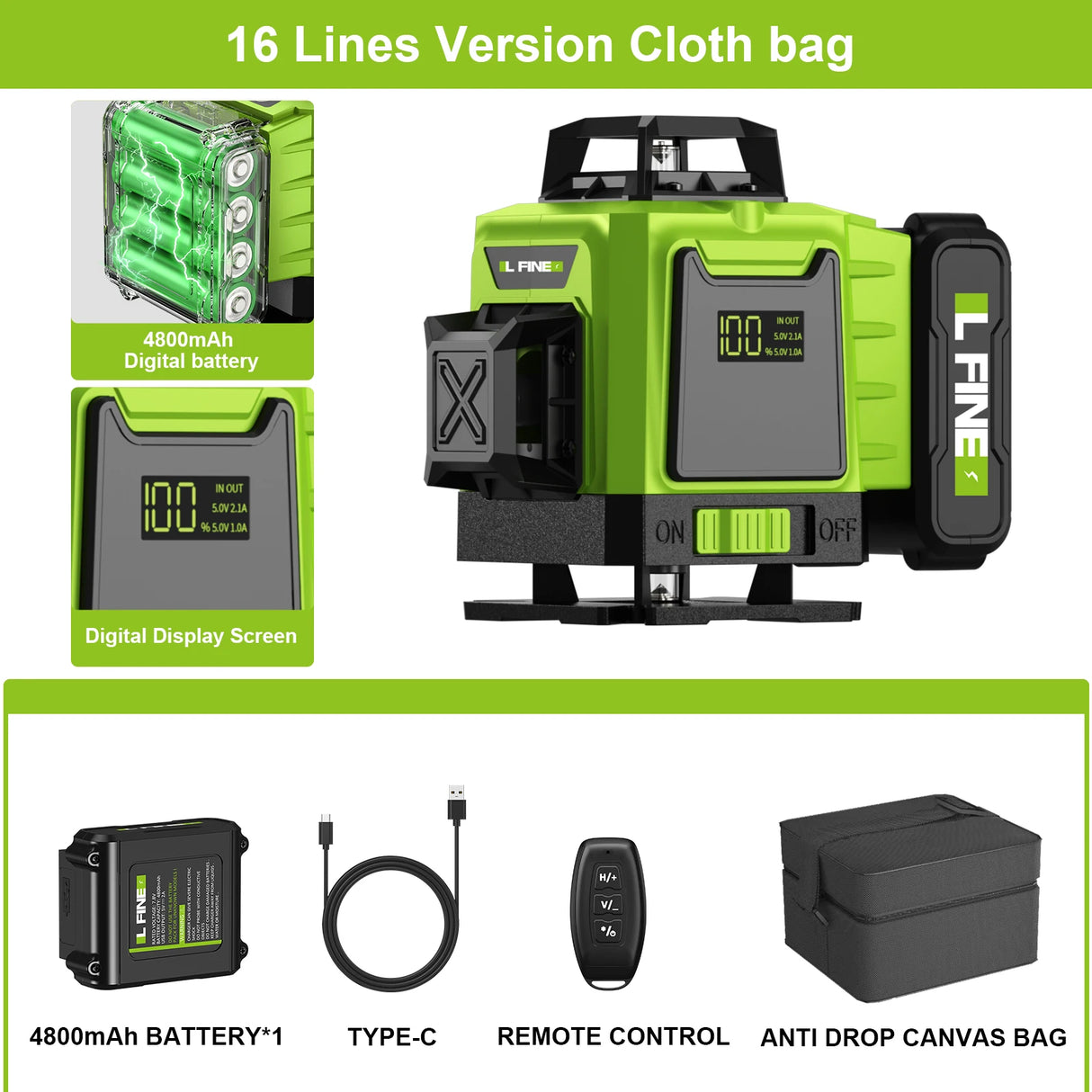 LFINE 3D/4D Laser Level 12/16 Lines Horizontal And Vertical With Remote Control 8 Lines 360°Self-leveling Laser Levels