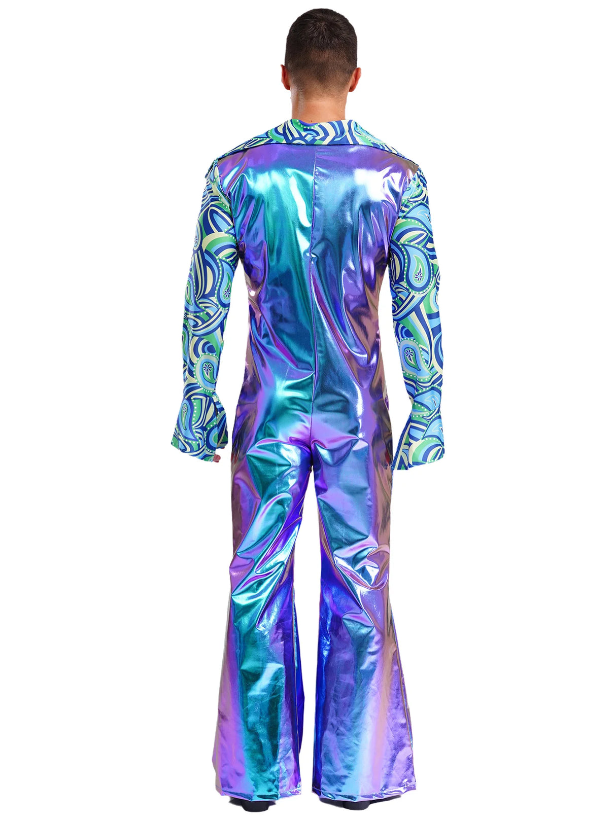 Mens 70s Disco Jumpsuit Retro Hippie Music Festival Cosplay Costume V Neck Zipper Halloween Party Fancy Dress Jazz Dancing Wear