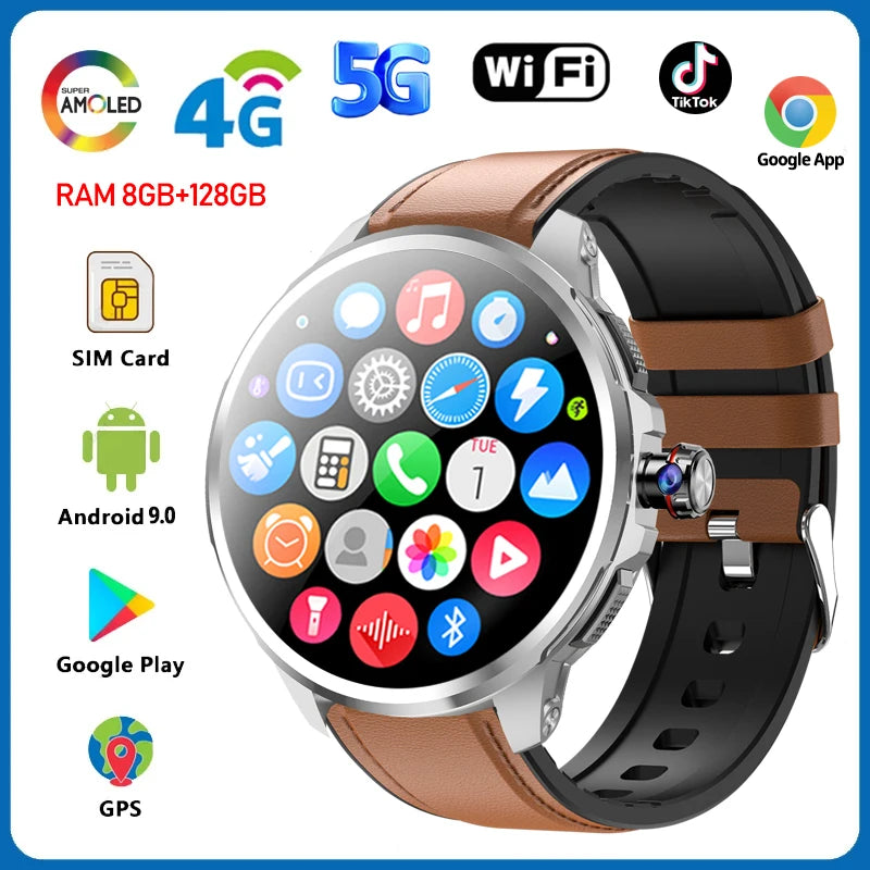 5G/4G Full Network Smart Watch Men 1.95 inch AMOLED Screen 8GB+128GB RAM 900W Camera GPS WIFI Google APPS Android 9.0 Smartwatch