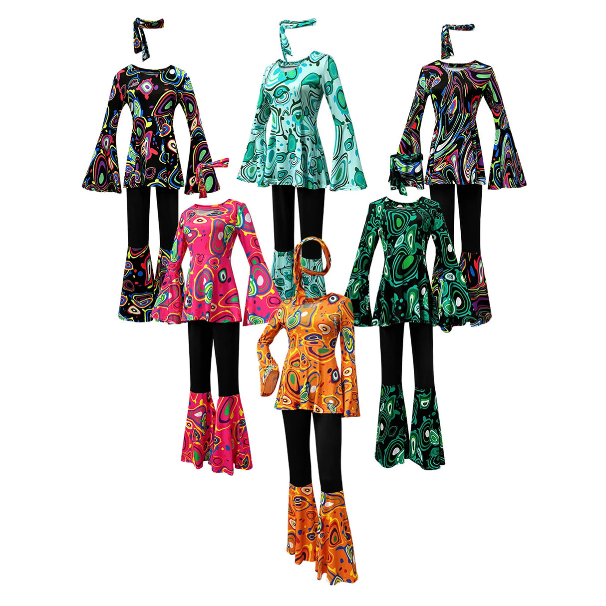 Women 60s 70s Outfits Hippie Costume Set Disco Outfit Dress Boho Flared Pants Hippie Shirt Headband
