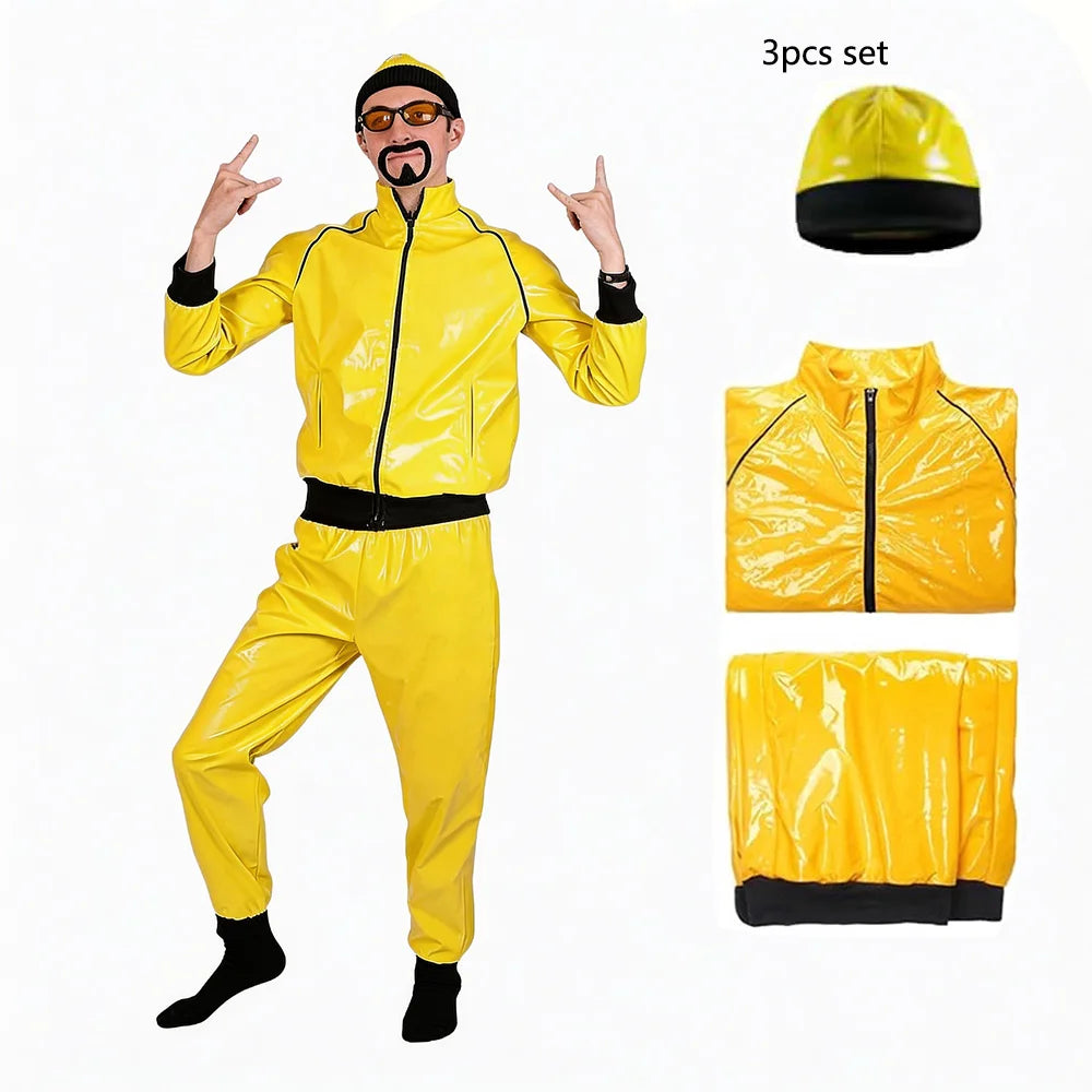 70S Disco Hippie Retro Cosplay Costume Hip Hop Windbreaker 80S Tracksuit Yellow Jacket Pants Hat Halloween Carnival Suit