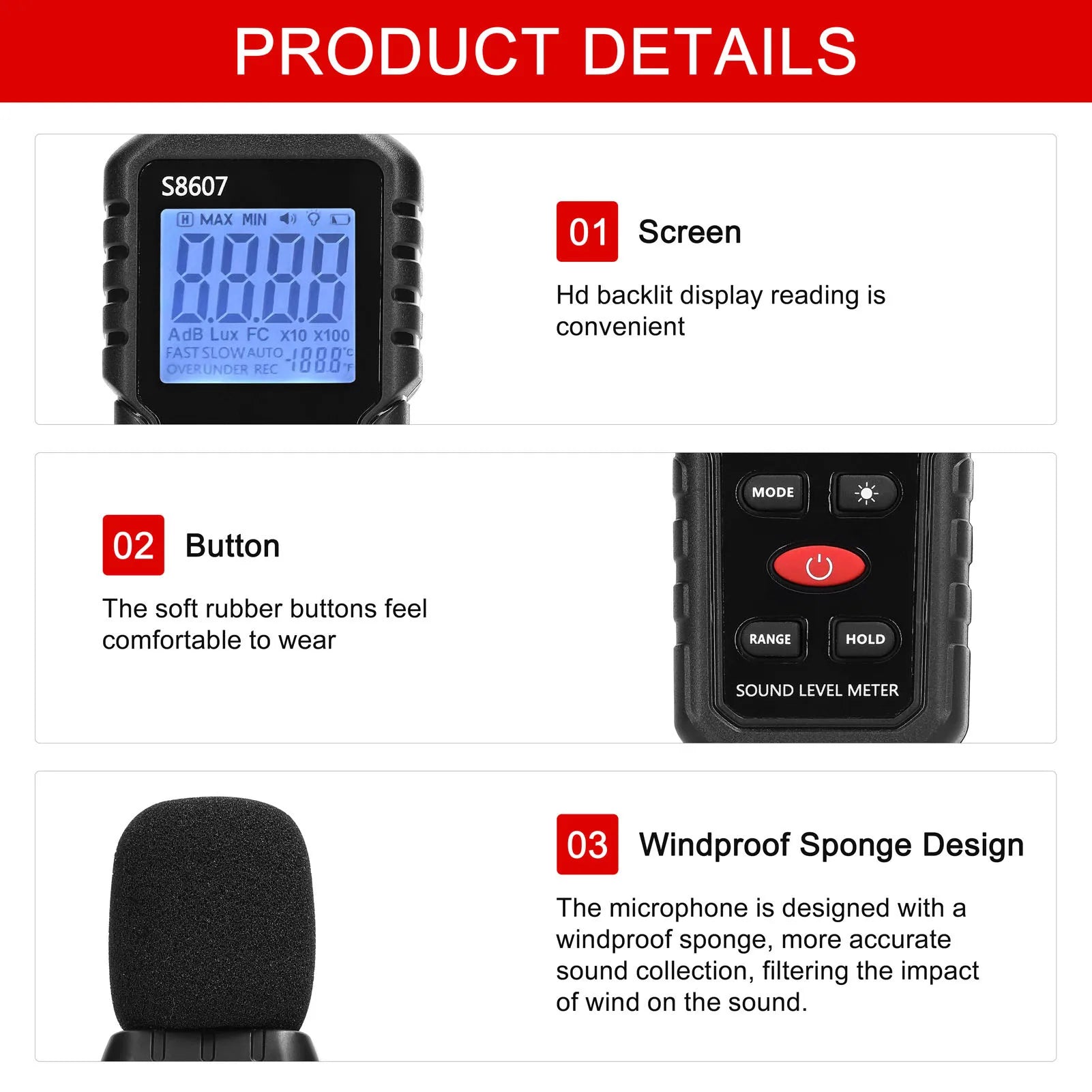 Sound Level Meter Portable SPL Meter Sound Level Meter Digital LCD Display Backlit Screen Noise Decibel Portable SPL Meter S8607