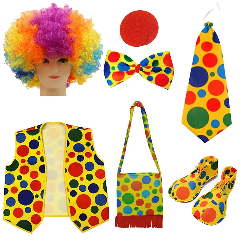 Clown Costume -  Nose Wig Bow Tie Shoes Headband Gloves Hat Stockings and Vest Dress Up Cosplay Props Accessories
