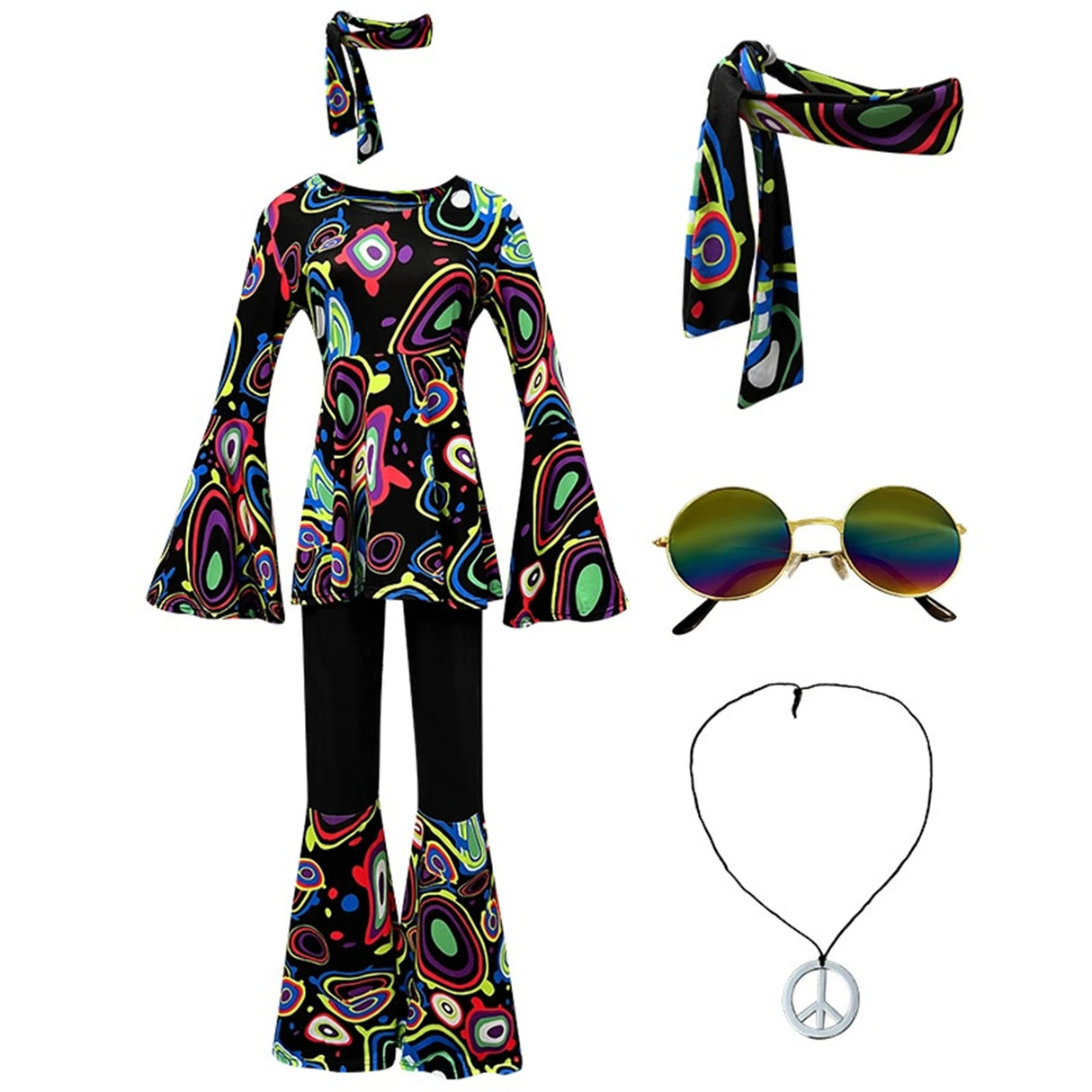 Women 60s 70s Outfits Hippie Costume Set Disco Outfit Dress Boho Flared Pants Hippie Shirt Headband