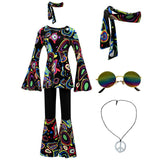 Women 60s 70s Outfits Hippie Costume Set Disco Outfit Dress Boho Flared Pants Hippie Shirt Headband