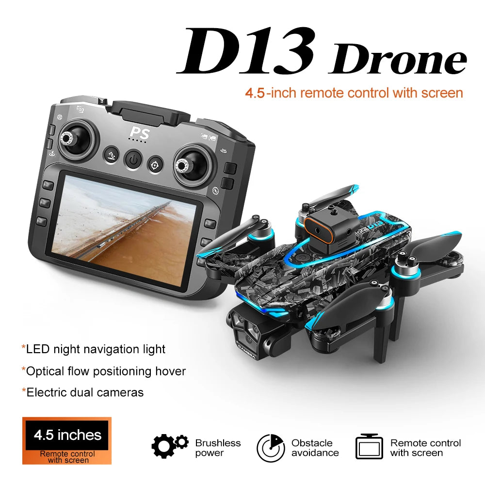 New D13 Drone 4K Professional HD Triple Camera 5G WIFI FPV Dron 360° Obstacle Avoidance Brushless Large Screen RC Quadcopter Toy