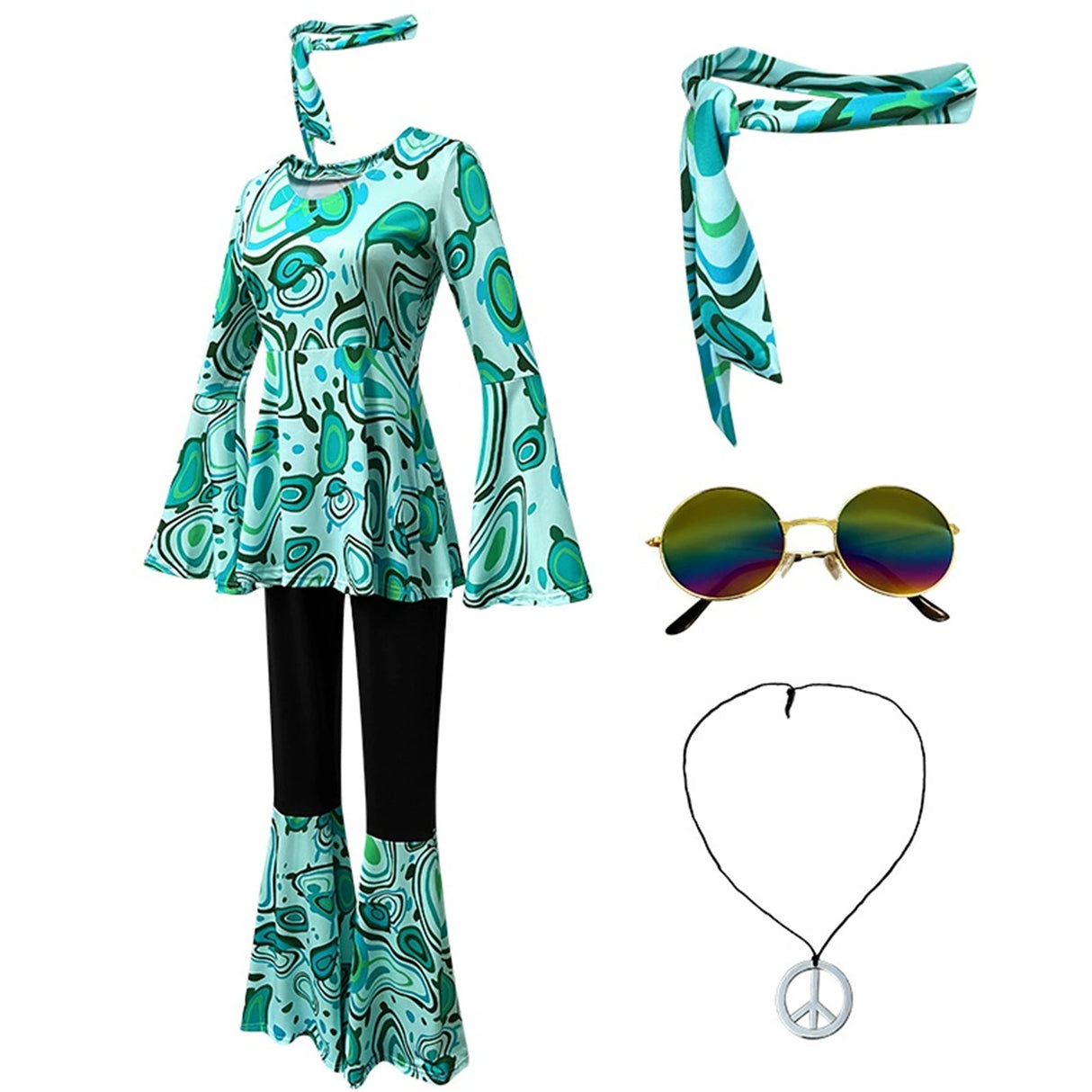 Women 60s 70s Outfits Hippie Costume Set Disco Outfit Dress Boho Flared Pants Hippie Shirt Headband