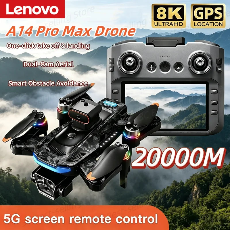 Lenovo A14 Pro Max Drone 8K HD Three Camera GPS Brushless Optical Flow Obstacle Avoidance 4.5-inch large screen UAV RC 20000M
