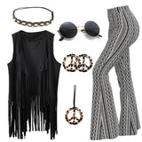 60s 70s Hippie Disco Cosplay Costume Women Hip Tassels Hippie Vest Cardigan Flared Pants Set Halloween Carnival Party