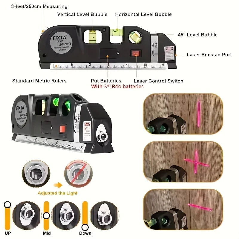 Easy to Use Laser Level Line Tool Multipurpose Laser Level Kit Standard Cross Line Lase 8 Feet Measure Tape Ruler