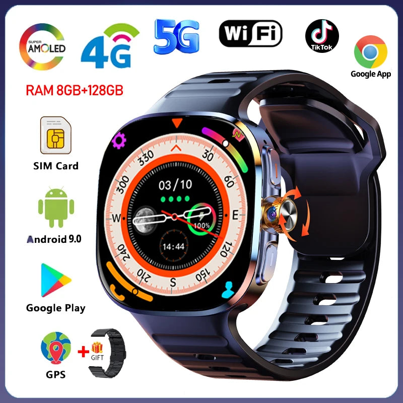 5G/4G Smart Watch 2.4 inch AMOLED 2100mah Battery 900W Camera GPS WIFI Google APPS Download 8GB+128GB RAM Smartwatch Android 10