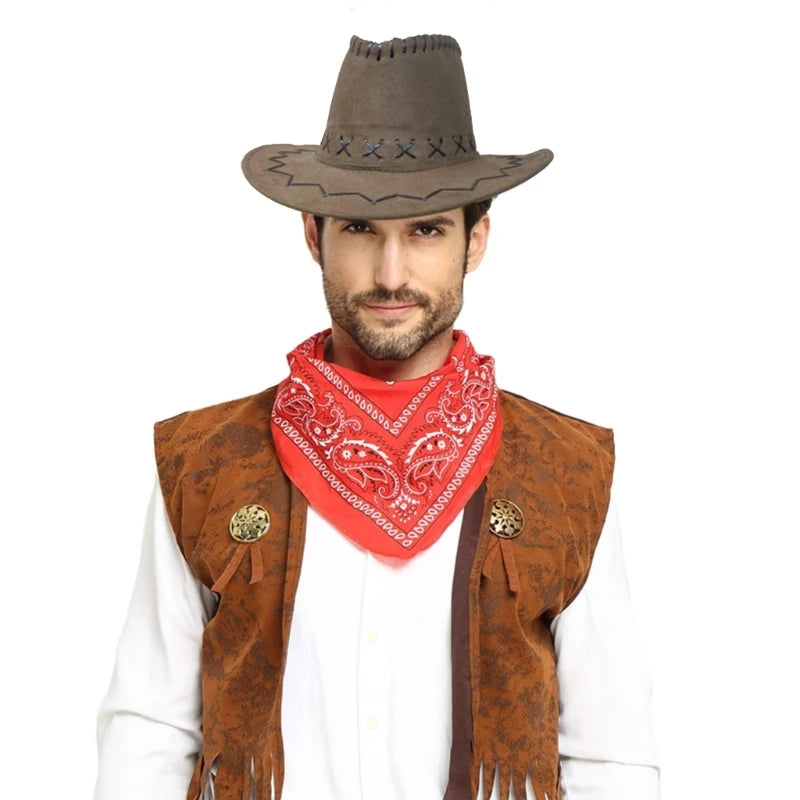 Classic Cow-boy Costumes Includes Cow-boy Hat Vests Scarf Comfortable Wear for Men Women Halloween Party Cos-play