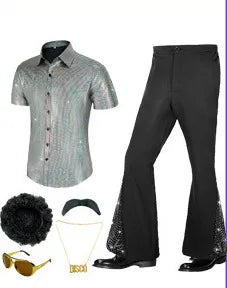 60s 70s Hippie Halloween Costume Sequins Pants Shirt Tops Bell Bottom Men's Flared Trouser Adult Disco Singer Dance Shiny Outfit