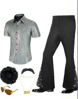 60s 70s Hippie Halloween Costume Sequins Pants Shirt Tops Bell Bottom Men's Flared Trouser Adult Disco Singer Dance Shiny Outfit