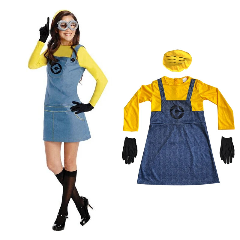 Family Little Yellow Men Cosplay Costume Set Adult Yellow Shirt Blue Overalls Halloween Carnival Party Role Play Outfit