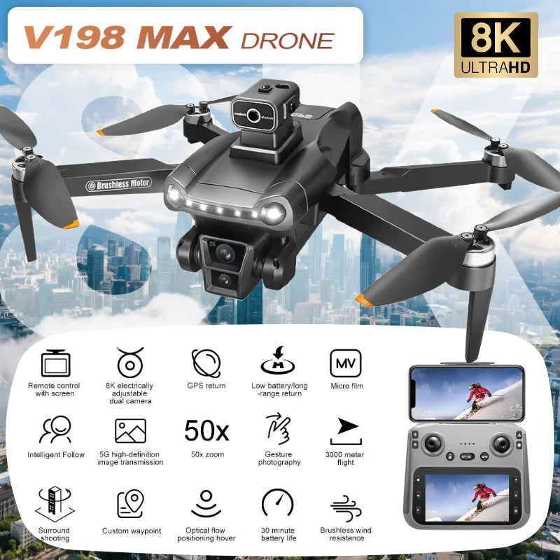 Lenovo V198MAX GPS Drone 8K Professional Camera Aerial FPV Brush Laser Obstacle with Large Screen Remote Control Drone